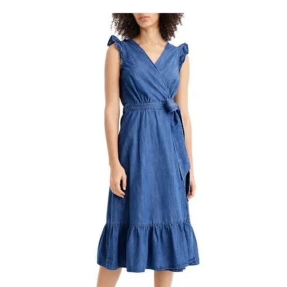 J Crew Denim Dress Chambray Wrap Dress Ruffle Sleeveless Blue Jean Sundress